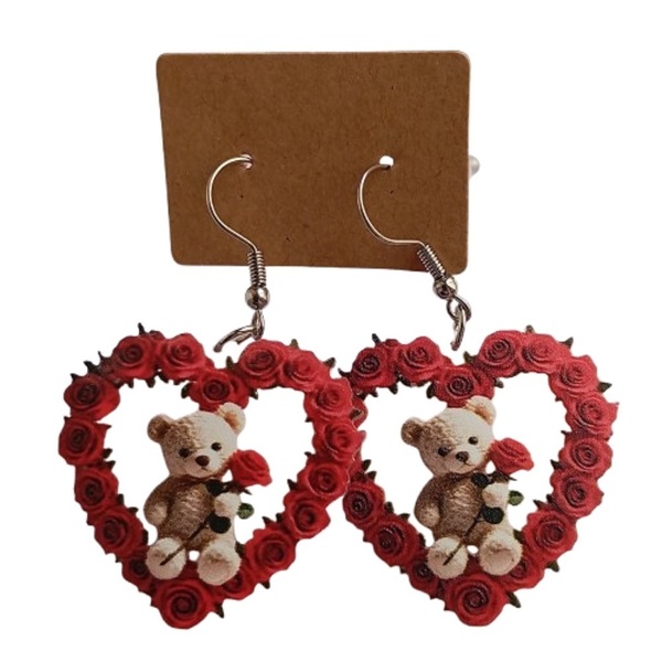 Σκουλαρίκια ακρυλικά καρδιά αρκουδάκι τριαντάφυλλο - καρδιά, plexi glass, γάντζος, αγ. βαλεντίνου, φθηνά - 3