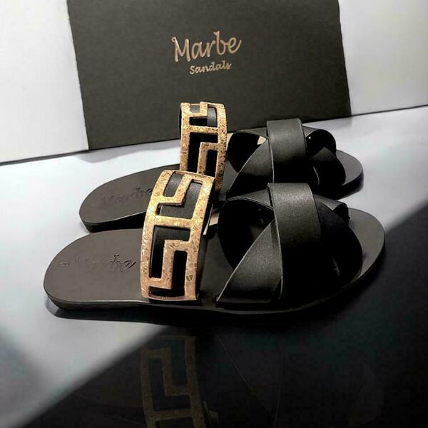 Marbe Handmade Peep Toe Sandals : Charis - δέρμα, μαύρα, αρχαιοελληνικό, φλατ, slides