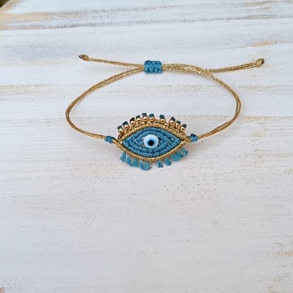 Macrame βραχιόλι boho ματάκι - τιρκουάζ - κορδόνια, μάτι, boho, χεριού, αυξομειούμενα