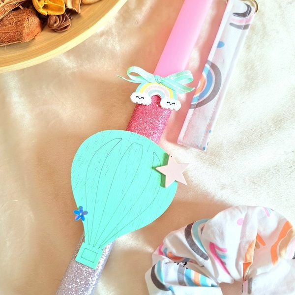 Σετ Λαμπάδα μπρελόκ και κοκαλάκι μαλλιών με ουράνια τόξα. - κορίτσι, λαμπάδες, ουράνιο τόξο, σετ, για παιδιά - 3