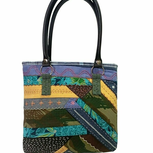 Τσάντα πολύχρωμη patchwork - ύφασμα, χειρός, tote, μικρές