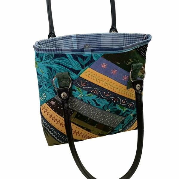 Τσάντα πολύχρωμη patchwork - ύφασμα, χειρός, tote, μικρές - 2