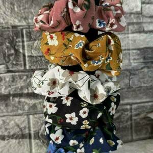 Scrunchie pattern με λουλούδια μουσταρδί - ύφασμα, λαστιχάκια μαλλιών - 3