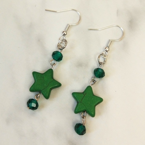 Σκουλαρίκια κρεμαστά, με πράσινο αστέρι από χαολίτη - αστέρι, μέταλλο, μαμά, κοσμήματα, δασκάλα - 4