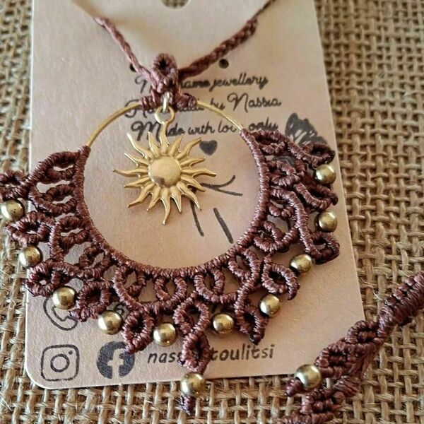 Μακραμέ κολιέ "Ήλιος " σε μαύρο με χρυσό ατσάλινο στοιχείο - μακριά, ατσάλι, boho - 4