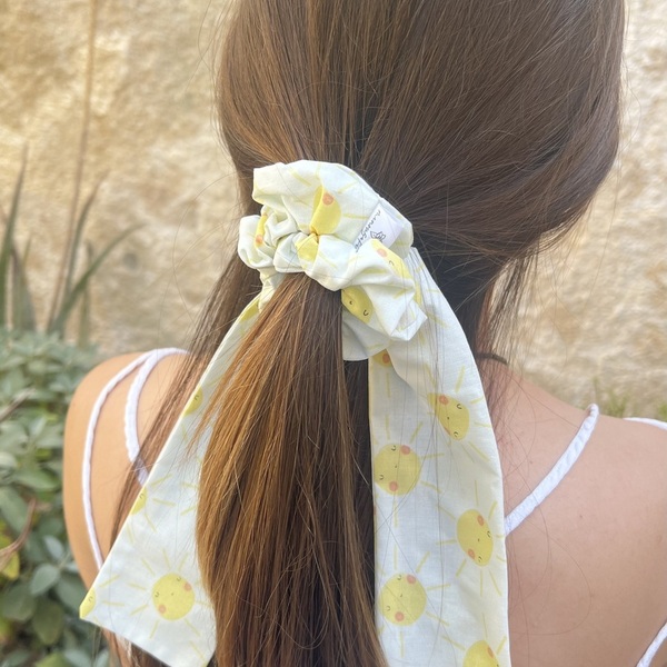 Sunny cotton scarf scrunchie - ύφασμα, ήλιος, για τα μαλλιά, λαστιχάκια μαλλιών - 2