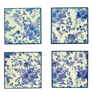 Σετ 4 χειροποίητων σουβέρ “Blue Floral” - ξύλο, σουβέρ, είδη σερβιρίσματος, ξύλινα σουβέρ