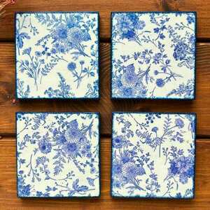 Σετ 4 χειροποίητων σουβέρ “Blue Floral” - ξύλο, σουβέρ, είδη σερβιρίσματος, ξύλινα σουβέρ - 5