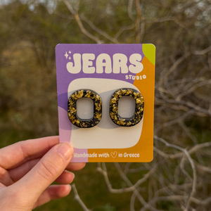 Black & Gold square studs | Χειροποίητα καρφωτά σκουλαρίκια ρητίνης - ρητίνη, ατσάλι, μεγάλα - 3