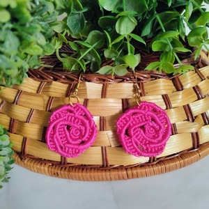 Χειροποίητα σκουλαρίκια boho τριαντάφυλλα micro macrame - μακραμέ, κορδόνια - 3