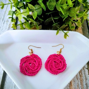 Χειροποίητα σκουλαρίκια boho τριαντάφυλλα micro macrame - μακραμέ, κορδόνια - 4