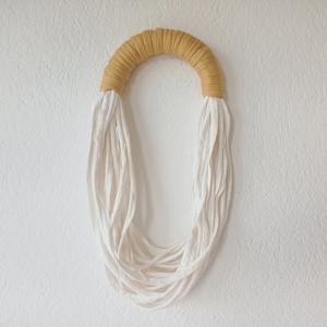 Υφασμάτινο κολιέ, multi-layered chunky fabric necklace, ζαχαρί - μουσταρδί, statement necklace, textile jewelry, infinity scarf - ύφασμα, μακριά, layering, βαμβακερό νήμα