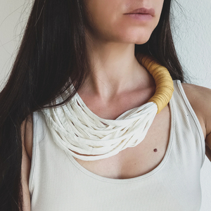 Υφασμάτινο κολιέ, multi-layered chunky fabric necklace, ζαχαρί - μουσταρδί, statement necklace, textile jewelry, infinity scarf - ύφασμα, μακριά, layering, βαμβακερό νήμα - 2