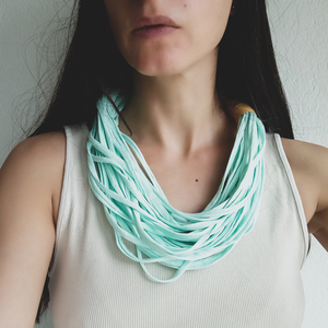 Υφασμάτινο κολιέ τυρκουάζ - μουσταρδί, multi-layered chunky fabric necklace, statement necklace, textile jewelry, infinity scarf - ύφασμα, μακριά, layering, βαμβακερό νήμα - 2