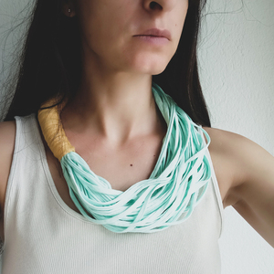 Υφασμάτινο κολιέ τυρκουάζ - μουσταρδί, multi-layered chunky fabric necklace, statement necklace, textile jewelry, infinity scarf - ύφασμα, μακριά, layering, βαμβακερό νήμα - 4