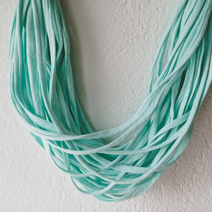 Υφασμάτινο κολιέ τυρκουάζ - μουσταρδί, multi-layered chunky fabric necklace, statement necklace, textile jewelry, infinity scarf - ύφασμα, μακριά, layering, βαμβακερό νήμα - 5