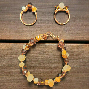 Σετ χειροποίητο χάλκινο βραχιόλι με κρυσταλλικές χάντρες και 2 δαχτυλίδια μεγεθος 7 & 7,5 - γυαλί, χειροποίητα, χάντρες, σταθερά, σετ δώρου - 2