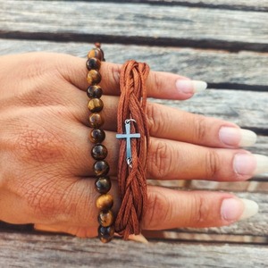 Ανδρικό βραχιόλι - ημιπολύτιμες πέτρες, κορδόνια, γούρια