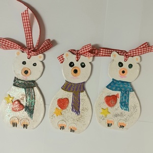 Σετ αρκουδάκια στολίδια για το δέντρο ή για δωράκι (3 τμχ) - πηλός, αρκουδάκι, χριστουγεννιάτικα δώρα, στολίδια - 5