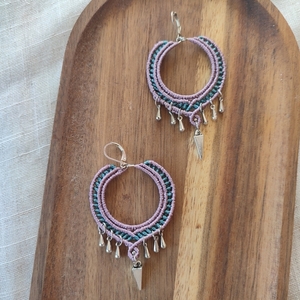 Μακραμε σκουλαρίκια κρίκοι - νήμα, μακραμέ, boho, μεγάλα - 2