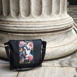 Χειροποίητη τσάντα χιαστί " Μέδουσα " - δέρμα, ύφασμα, μεγάλες - 3