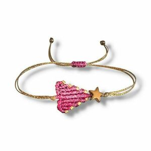 Μακραμέ χριστουγεννιάτικο δεντράκι βραχιόλι, ροζ φούξια μεταλιζέ - νήμα, μακραμέ, μαμά, κοσμήματα, δέντρο