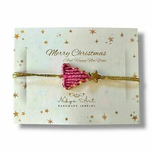 Μακραμέ χριστουγεννιάτικο δεντράκι βραχιόλι, ροζ φούξια μεταλιζέ - νήμα, μακραμέ, μαμά, κοσμήματα, δέντρο - 2