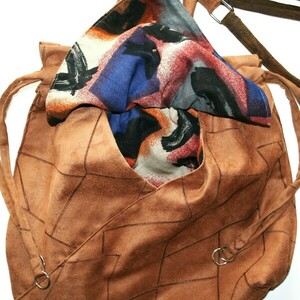 Yφασμάτινη, χειροποίητη τσάντα ώμου origami, σκούρο μπεζ - ύφασμα, ώμου, all day, πάνινες τσάντες - 2