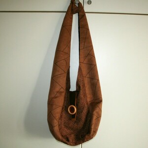 Yφασμάτινη, χειροποίητη τσάντα ώμου origami, σκούρο μπεζ - ύφασμα, ώμου, all day, πάνινες τσάντες - 5