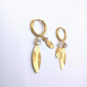 Χρυσά κρεμαστά σκουλαρίκια από ανοξείδωτο ατσάλι με φύλλα & ζιρκόν - επιχρυσωμένα, ατσάλι, boho - 2